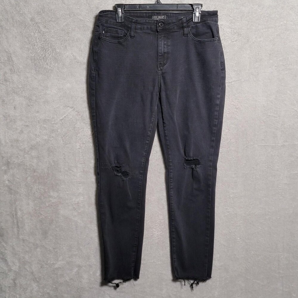 Judy Blue Jeans Womens 11/30 Black Slim Fit Distressed Ripped Knees Raw Hem